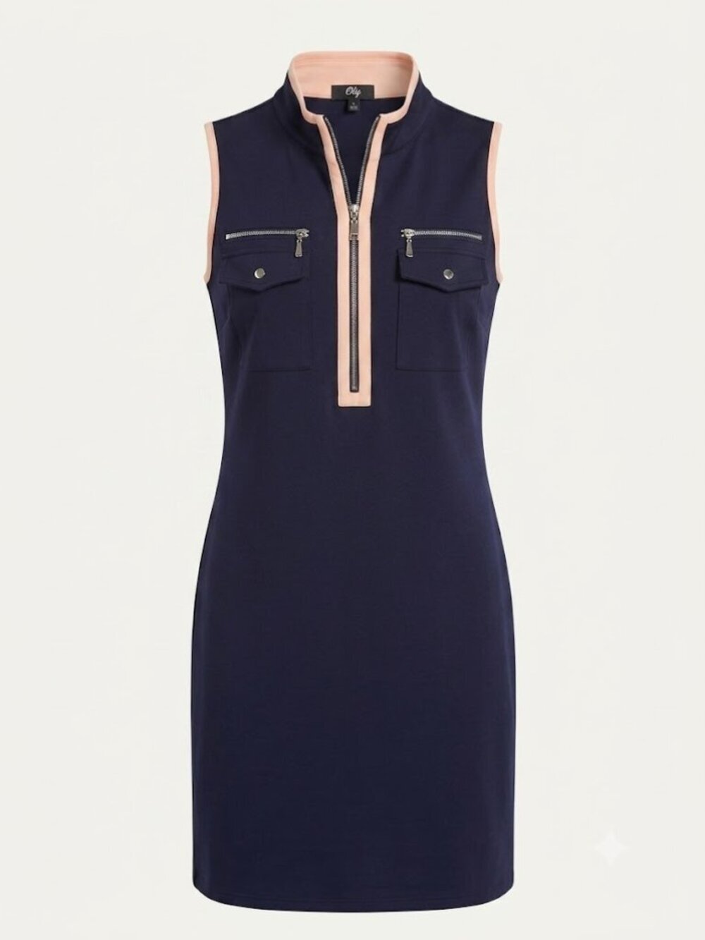 Orly Navy Pink Contrast Trim Zip Front Shift Dress Sleeveless Knee Length M